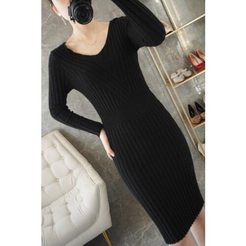 2021 spring and autumn new cashmere sweater dress womens V-neck slim long skirt solid color sweater bottom coat