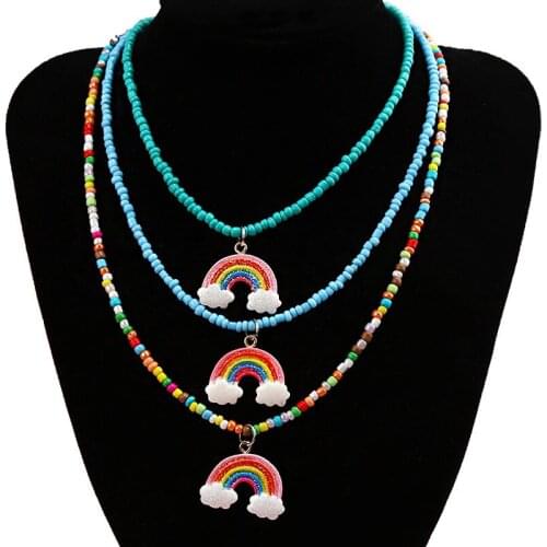 Bohemian Glass Seed Beads Necklace Women Sweet Long Chain Cute Rainbow Pendant Necklace Neck Chain Boho Jewelry Gift For Mom