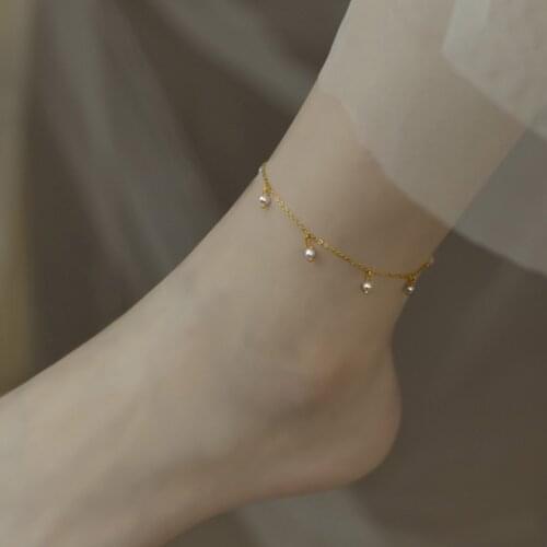 NYMPH Natural Freshwater Pearl Anklet Simple Creative Design 14K Gold Injection Adjustable Chain Fine Jewelry for Women J1003