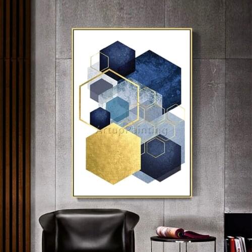 Geometric Gold Blue Acrylic Morden Abstract Painting on Canvas Hand Painted Wall Art Pictures for Living Room Home Decoracion
