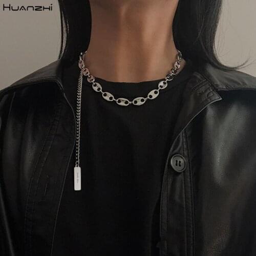 HUANZHI 2020 New Hip Hop Punk Stainless Steel Pig Nose Silver Color Double Layer Chain Tassel Necklace Choker for Women Men