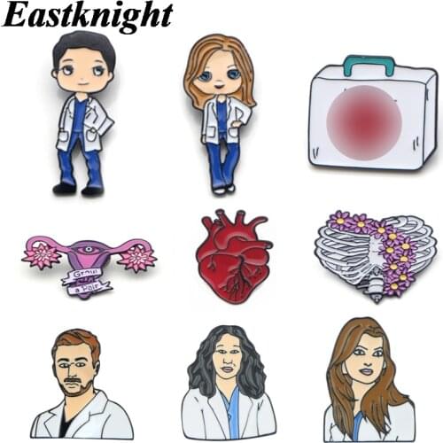 K499 Greys Anatomy Enamel Pins Brooches Badge Heart Skull Uterus Gray Jewelry 1pcs