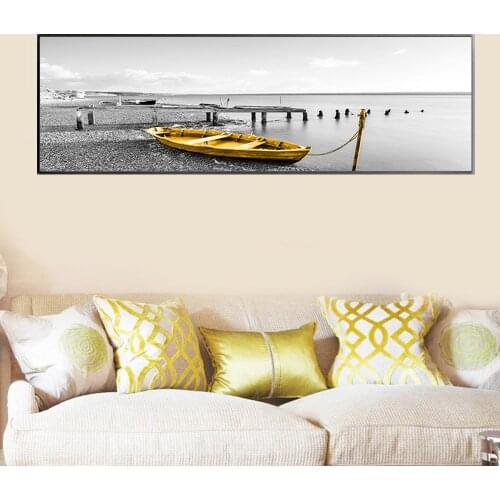 Scandinavian Lake Gold Boat Black Wooden Bridge Landscape Canvas Painting Nordic Wall Print Painting Decor Picture Living Room