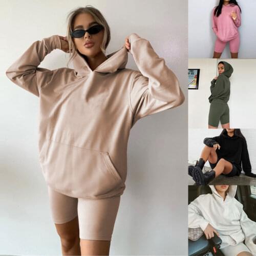 2 Pieces Outfits Female Solid Color Long Sleeve Hooded Fitting Pullover Top High Waist Slim Shorts for Fitness Tracksuit