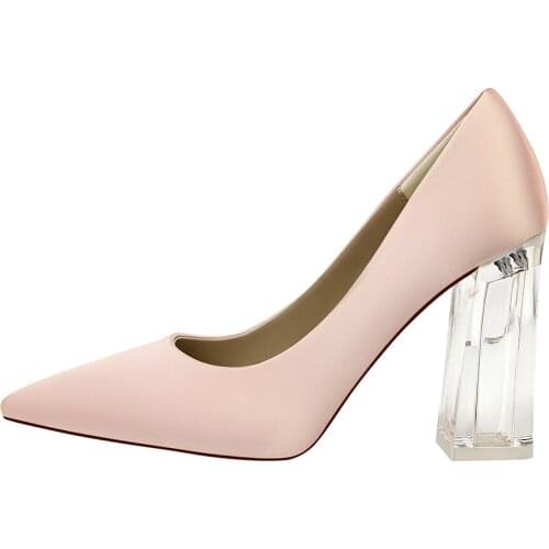Korean fashion transparent crystal heels with high heels, satin, shallow pointed toes, sexy high heels, wedding shoes, womens s