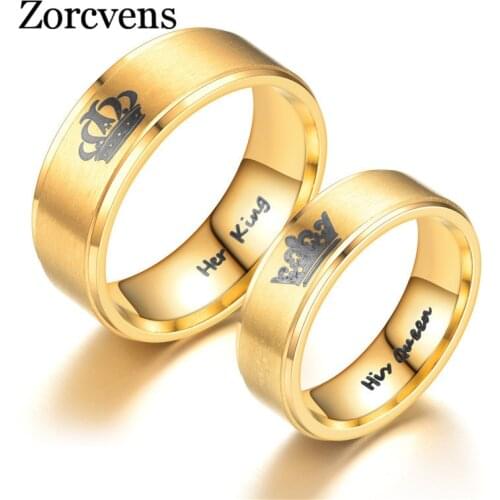 ZORCVENS 2020 New Gold Color King And Queen Stainless Steel Crown Couple Rings For Couples Love Promise Rings For Woman