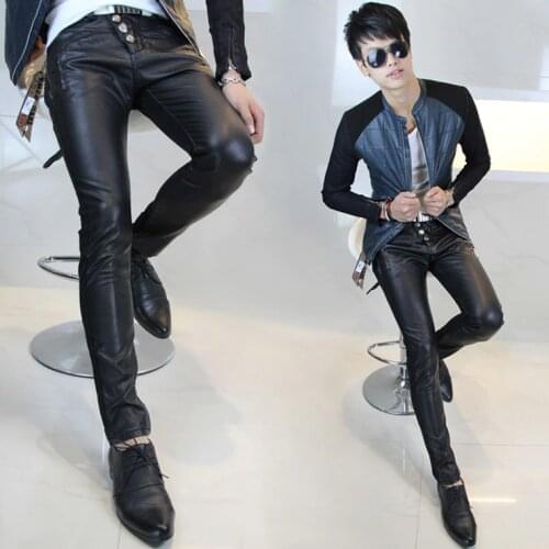 New Free Shipping Mens Clothing Brand Fashion Casual Slim Black Leather Pants Leather Trousers / 28-33