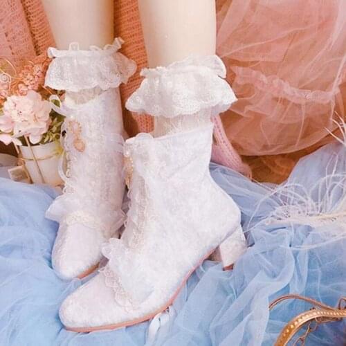 Anime Lolita Shoes White Lace Ribbon Princess Court Booties Cos Lolita Loli Victoria Kawaii Japanese Sweet Girl Shoes