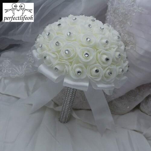 Perfectlifeoh wedding bouquet rose bouquet Crystal bridal bouquets Beautiful White Ivory Bridal Bridesmaid Flower