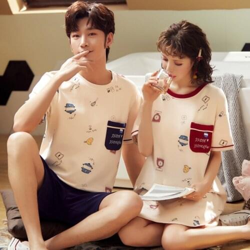 Woman Man Summer Pajamas Set Sleepwear Couple Pajamas Short Sleeve Homewear