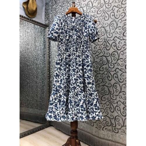 100%Cotton Dress 2021 Summer Fashion Ladies O-Neck Vintage Blue Embroidery Short Sleeve Slim Fit A-Line Casual Floral Dress