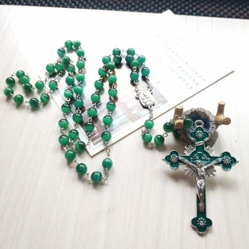 QIGO Green Opal Rosary Necklace Enamel Jesus Cross Pendant Long Catholic Necklace Religious Jewelry For Men Women