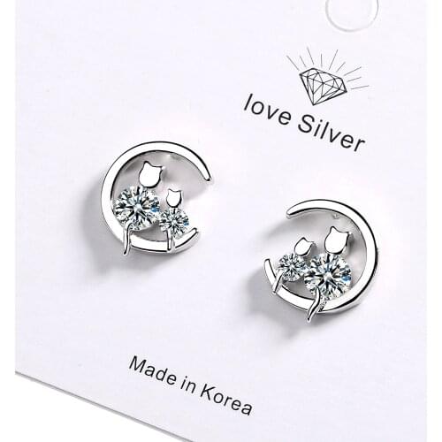 925 Sterling Silver Moon Cat Stud Earrings Shiny Zircon Ear Stud Earrings For Women Girl Gifts S-E910