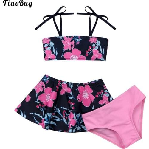 TiaoBug Summer 3Pcs Kids Girls Swimming Suit Straps Self Tie Closure Tube Tops With Skirt And Briefs Set Bathing Beach Swimwear
