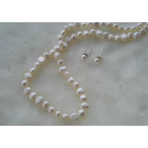 Unique Pearls jewellery Store White Color 6-7mm Baroque Freshwater Pearl Necklace Earrings Charming Ladys Gift Jewellery Set
