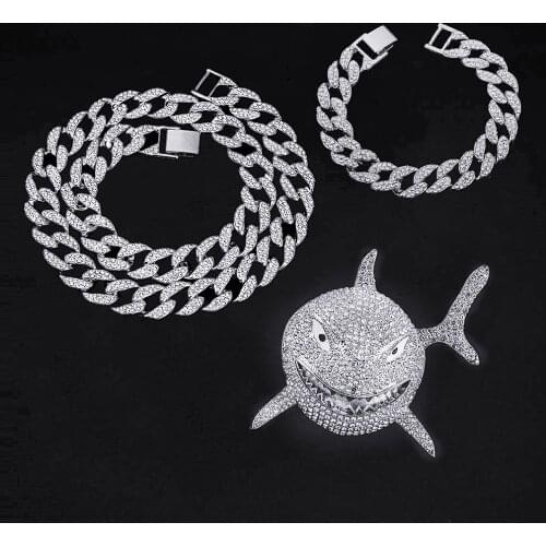 Hip hop Rock Hip Hop Prong 12mm Cuban Chain Shark Pendant Necklace Iced Out watch Rhinestone Rapper CZ Bling for Men Jewelry Set