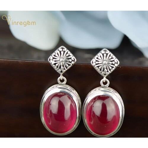 Vinregem Vintage 100% 925 Sterling Silver Oval Ruby Gemstone Wedding Engagement Luxury Dangle Earrings For Women Fine Jewelry