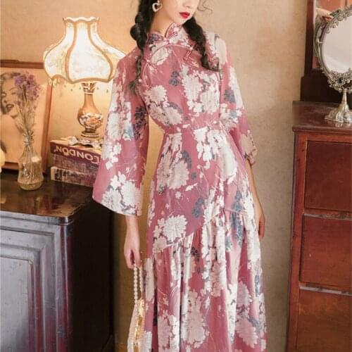 Vintage Slim Printed Cheongsam Dress Women Summer 2021 Fashion Girl Irregular Ruffle Design Trumpet Sleeve Elegant Chic Qipao