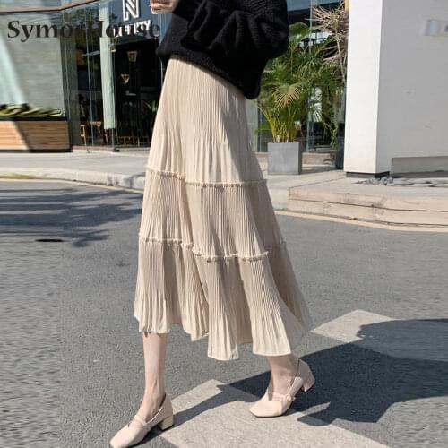 New Pleated Skirt Women Vintage Casual Chiffon Shift Long High Waist Skirts Womens Patchwork Midi Saia Black White Faldas