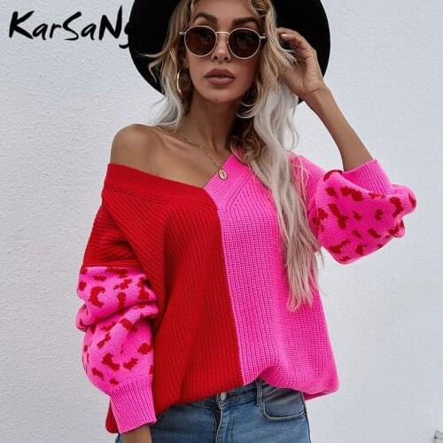 Leopard Sweater Oversize Fashion Women Sweaters 2021 Autumn Winter Patchwork Pullovers Women V Neck Sweaters For Women Fashion
