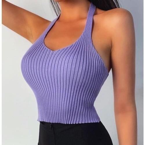 Sexy Women Leisure Vest Casual Sleeveless Tops Knitted Halter V Neck Vest Backless Stretch Top Basic Solid Tube Tank Top Summer