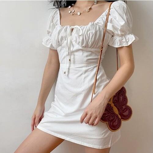 2021 Summer Women Dress French Retro Boho Tie Neck Mini Sexy White Elegant Puff Sleeve Y2K Casual Party Beach Light Dresses Robe