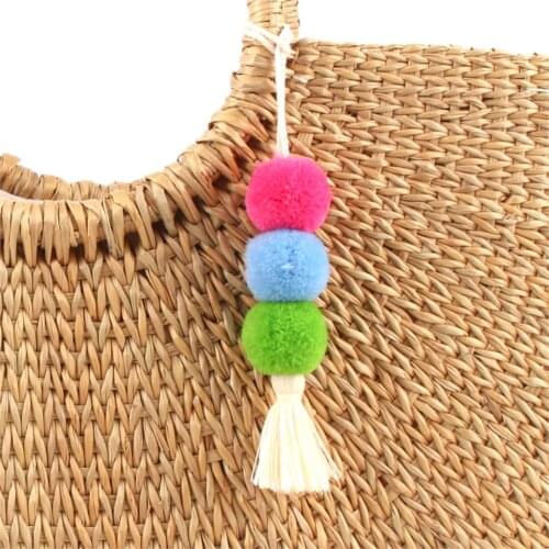1Pc Cute Colorful Hairball Pompon Keychain Tassel Handmade Women Strawbag Gift Jewelry Wholesale