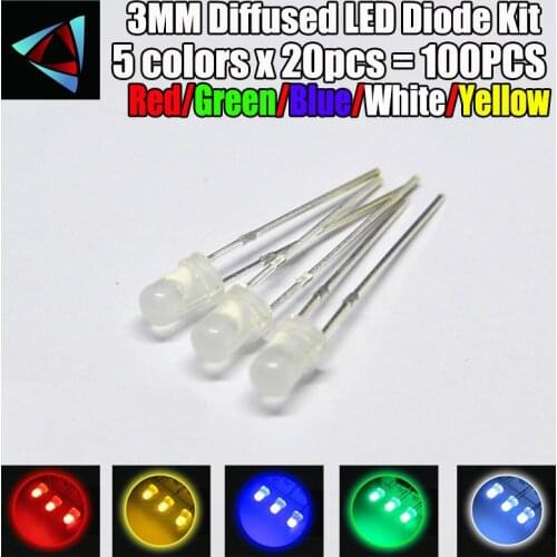 100pcs (5 colors x 20pcs) 3mm Misty LED Diffused White Red Green Blue Yellow Round Light Emitting Diode DIY Kit