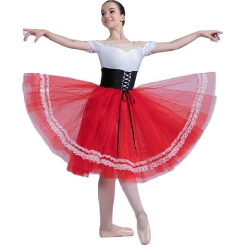 All For Dance Black Velvet With White Spandex Top Bodice 360° Red Tulle Romantic Long Ballet Dance Dress Ballerina Dance Tutu