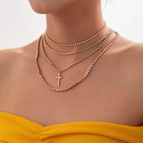 4Pcs/Set Multilayer Shiny Fashion Rhinestone Crystal Cross Necklace Women Pendant Retro Luxury Clavicle Necklaces Girl Jewelry