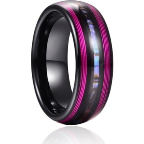 8mm Electric Black Inlaid Purple Guitar Strings Abalone Dome Tungsten Carbide Ring Mens Engagement Rings