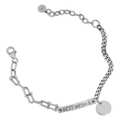 Asymmetry Bracelet "BEST WISHES" &Coin Retro Hip Hop 925 Sterling silver students 'O" Chain Bracelet Wrist Jewelry TLS395