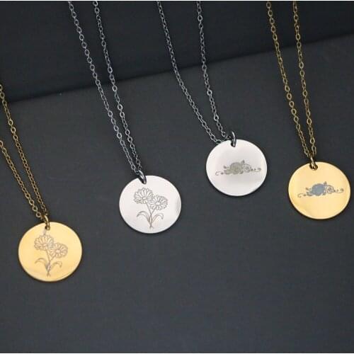 Simple Stainless Steel Flower Carved Pendant Necklaces for Women Cute Gold Color Chain Round Tag Choker Jewelry