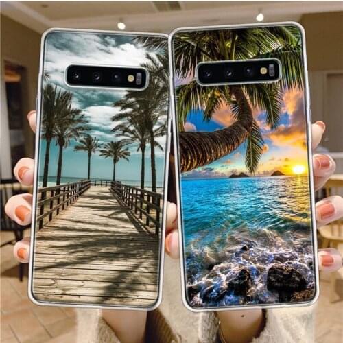 Summer Beach Scene at Sunset on sea Palm Tree Phone Case For Samsung Galaxy A71 A70 A51 A50 A41 A40 A30 A21 A11 A9 A8 A7 A6 Plus