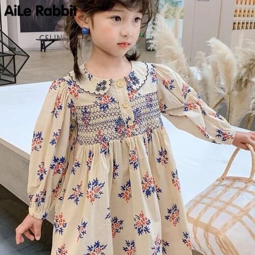 Childrens Clothes 2021 Autumn Clothes Small And Medium-sized Girls' Floral Dress Baby Lapel Exotic Princess Skirt
