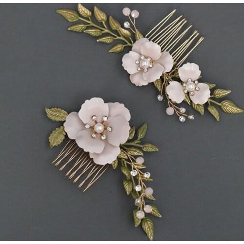 SLBRIDA Ins Style Alloy Green Leaf Crystal Rhinestone Pearls Bridal Hair Comb Wedding Headdress Hair Accessories Women Jewelry