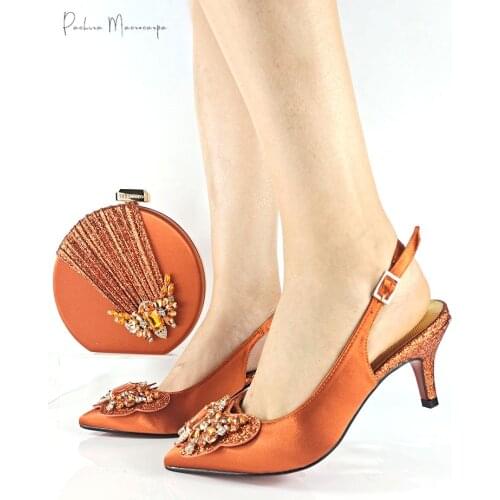 Italian Design Hot Selling Party Ladies Shoes and Bag Set with Butterfly-Kond Style Colorful Crystal Decoration in Orange Color