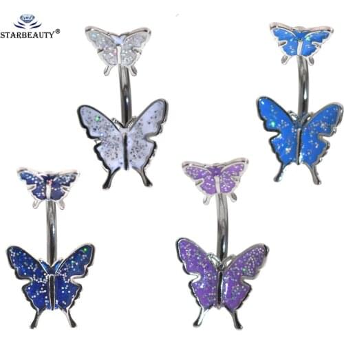 Stainless Steel Navel Piercing Blue Pink Dance Belly Rings Body Piercing Jewelry 14G Butterfly Belly Button Ring for Women Girls