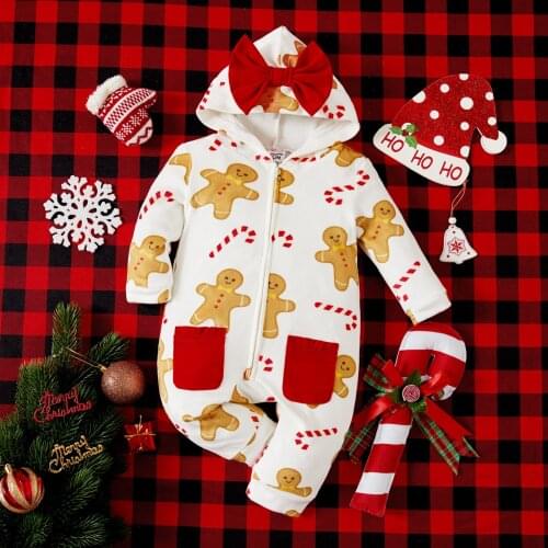 PatPat Baby Boy/Girl Christmas Gingerbread Man Cookie Print Long-sleeve Hooded Jumpsuit