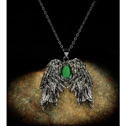 CHARLINLIOL Baroque Style Short Necklace for Women Vintage Angle Wings Emerald Pendant Clavicle Chain 925 Silver Party Jewelry