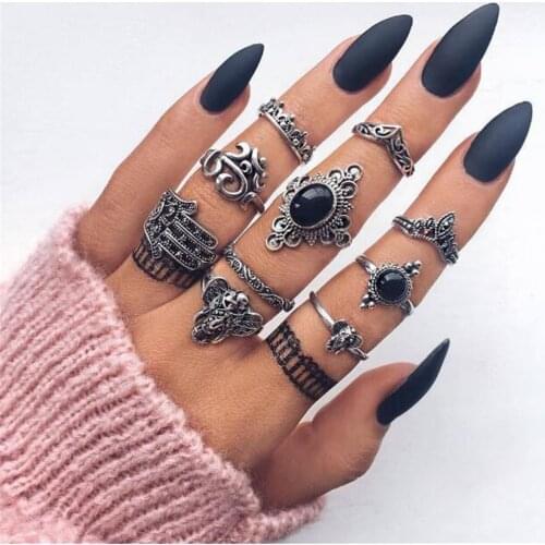 LIMARIO 10pcs/Set Bohemia Antique Silver Color Elephant Flower Heart Crown Carved Rings Set Knuckle Rings for Women Jewelry