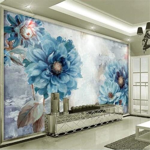Milofi custom wallpaper mural Nordic style European hand-painted oil painting blue flowers living room background wall