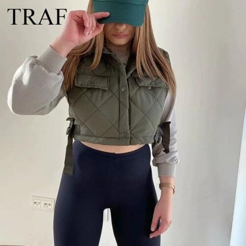 TRAF Fashion Jackets For Women 2021 Vintage Sleeveless Casual Solid Color Coat Short Waistcoat Adjustable Drawstring Outerwear
