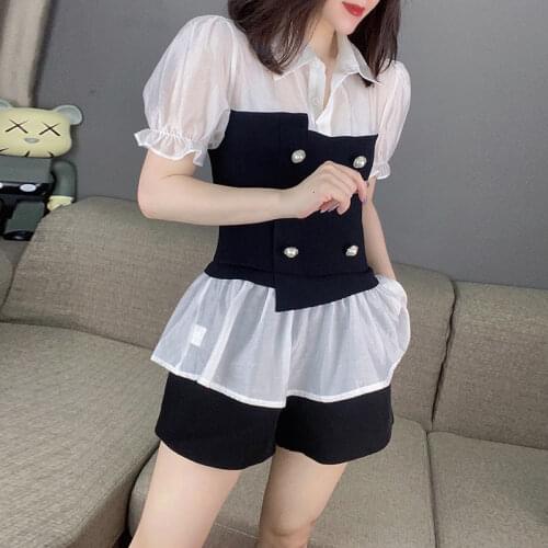 Plus Size 4XL Women Summer Short Sleeve Shirt Tops + High Waist Wide Leg Shorts Suit Two Piece Set Office Ladies Work Wear Y432