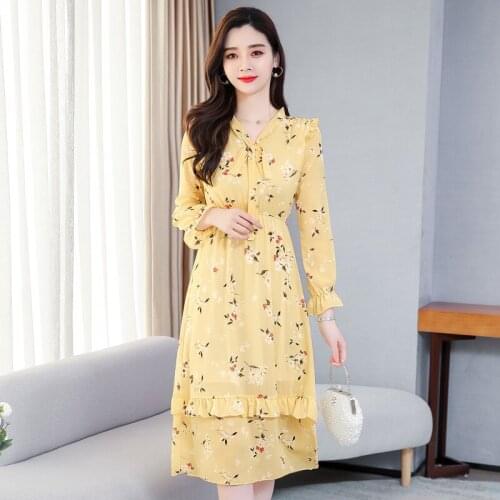Long Sleeve Printed Flower Chiffon Dress Women Spring Autumn Elegant Bow Elastic Waist Ruffled Party Dress Female Midi Dress