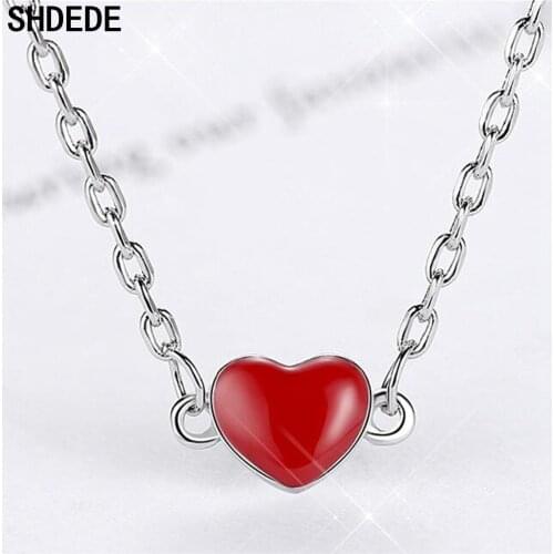 SHDEDE Valentine Gift Ladies Red Heart Pendant Necklace 925 Silver Girl Korea Trendy Wedding Party Jewelry -WH15