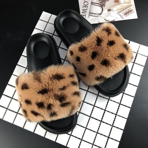 2019 Spring and Summer new rex rabbit fur slippers fashion soft dragging female fur slippers furry shoes girl