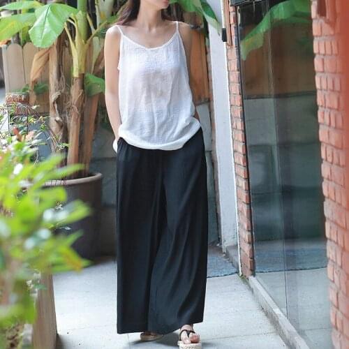 Spring Summer Simple Ethnic Women Loose Thin Retro Lace Up Pants Long Wide Leg Pants Girls Vintage Black Trousers Elastic Waist