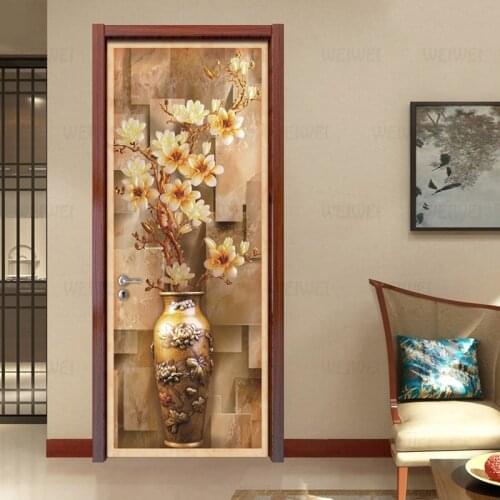 Waterproof Self-adhesive Vinyl Door Sticker 3D Embossed Flower Vase Study Bedroom Door Stickers Wall Mural Wallpaper Decoration