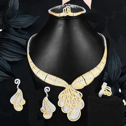 Blachette Luxury Flower Double Layer Jewelry Sets For Women Wedding Full Micro Cubic Zirconia Dress Choker Necklace 4PCS Sets